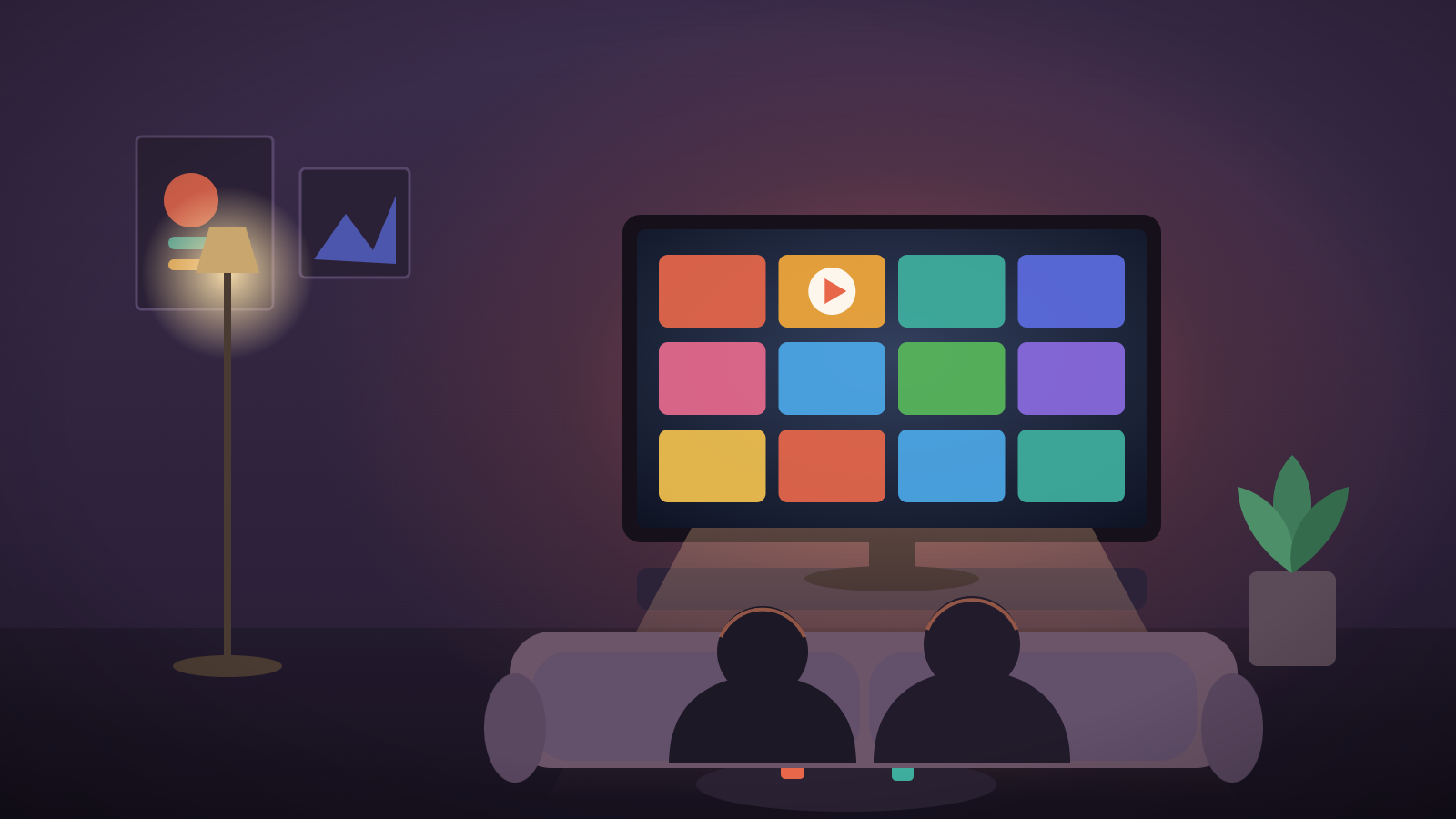 Mensen kijken samen televisie via een IPTV-streamingdienst op een smart-tv in een warme woonkamer